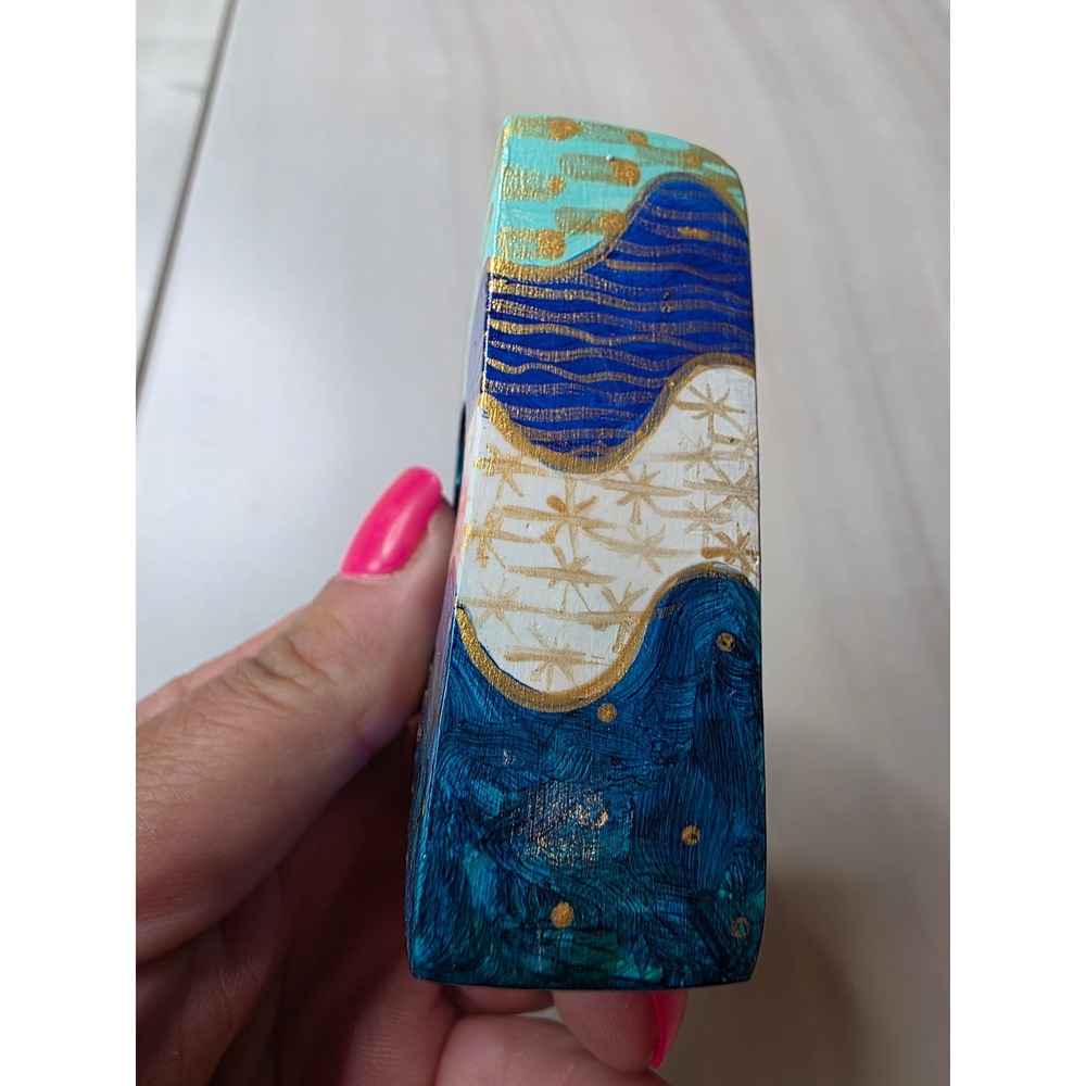 Hand Painted Wooden Evil Eye Nazar Decor Blue Gold Abstract Signed Art Block F1 - Picture 14 of 16